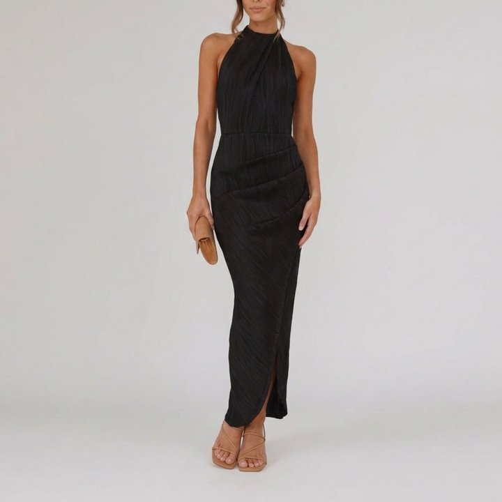 Pleated asymmetrical halter-neck dress for women
