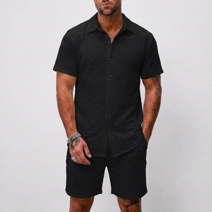 Two-piece jacquard set with a short-sleeved shirt and shorts for men