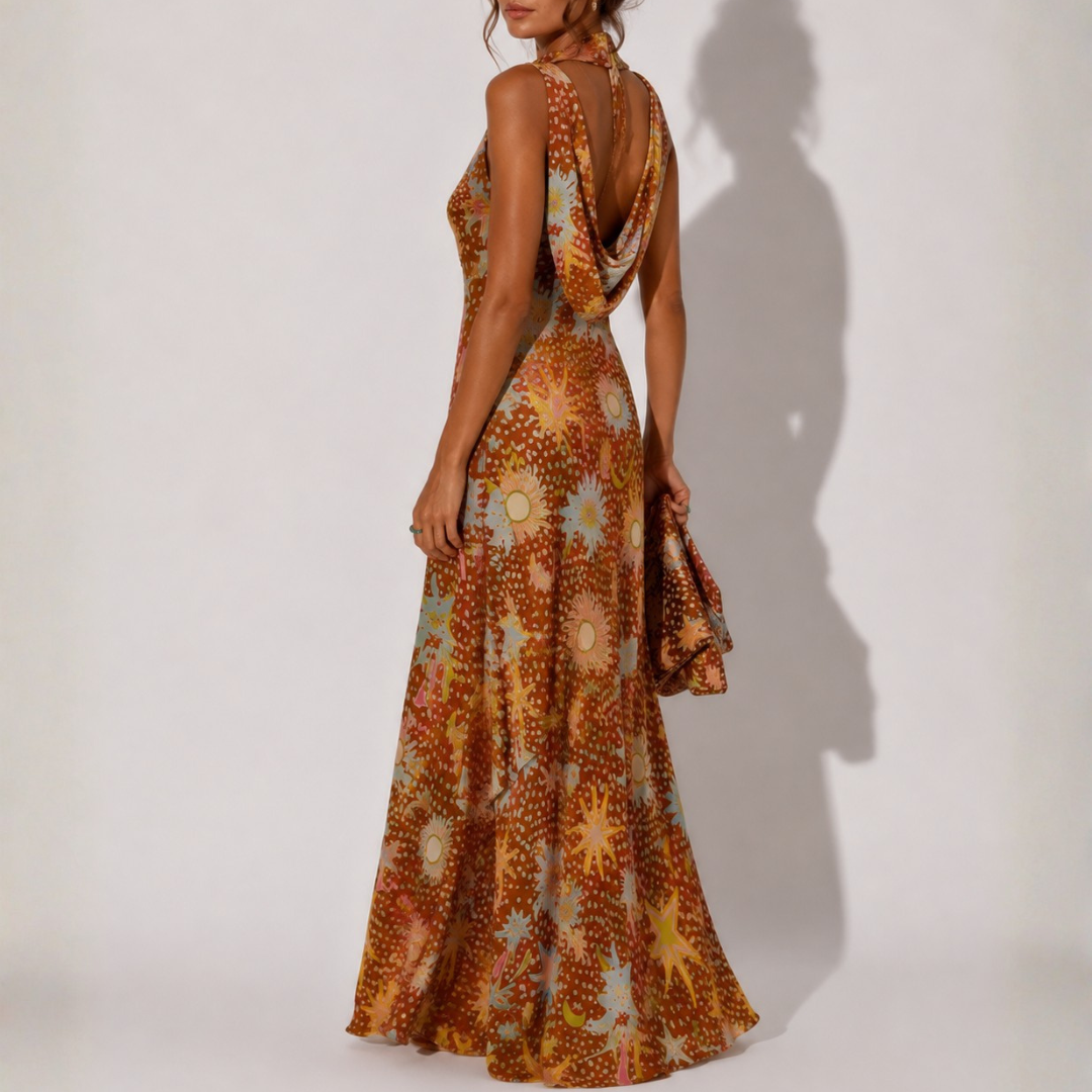 Halter dress with a draped neckline and brown fawn print for women