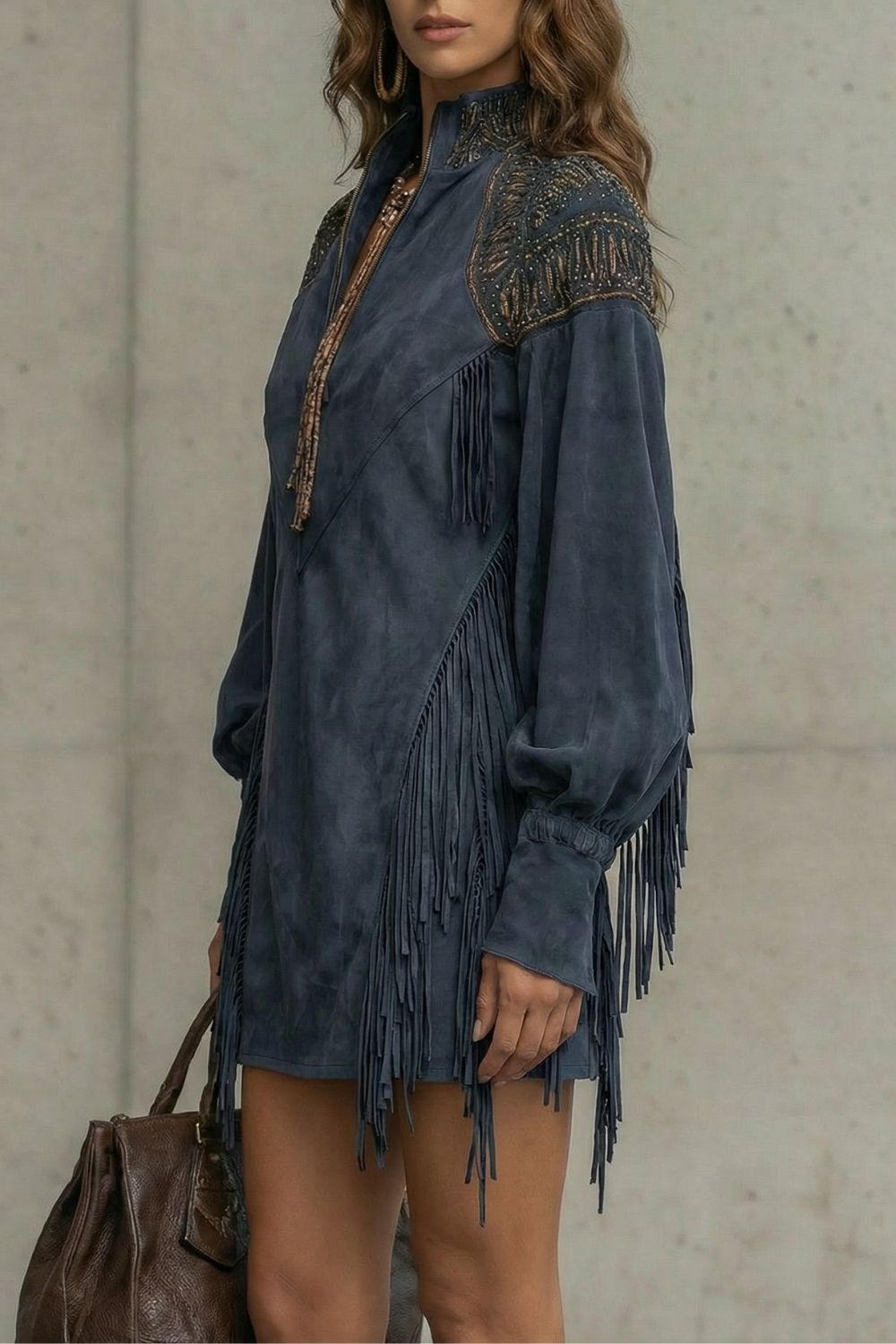 Women's Mini Dress with Embroidery and Fringe Details
