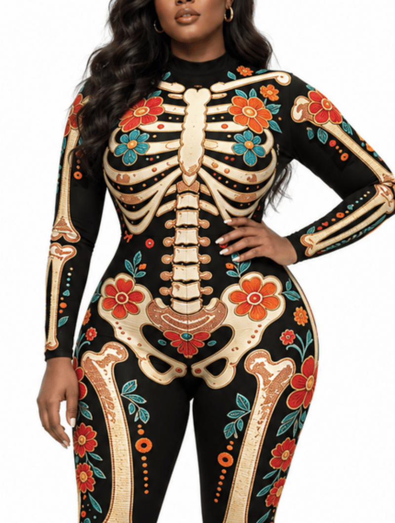 Fitted Jumpsuit with Floral and Skeleton Print for Women