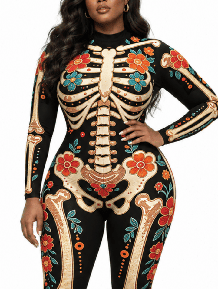 Fitted Jumpsuit with Floral and Skeleton Print for Women