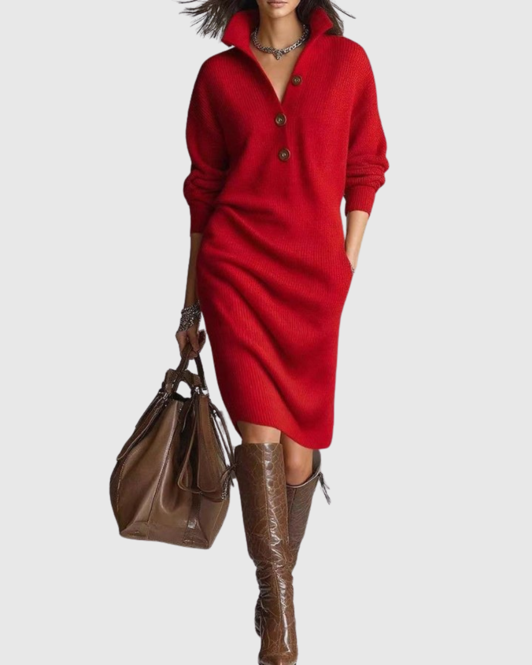 Knitted Midi Dress with Long Sleeves for Women