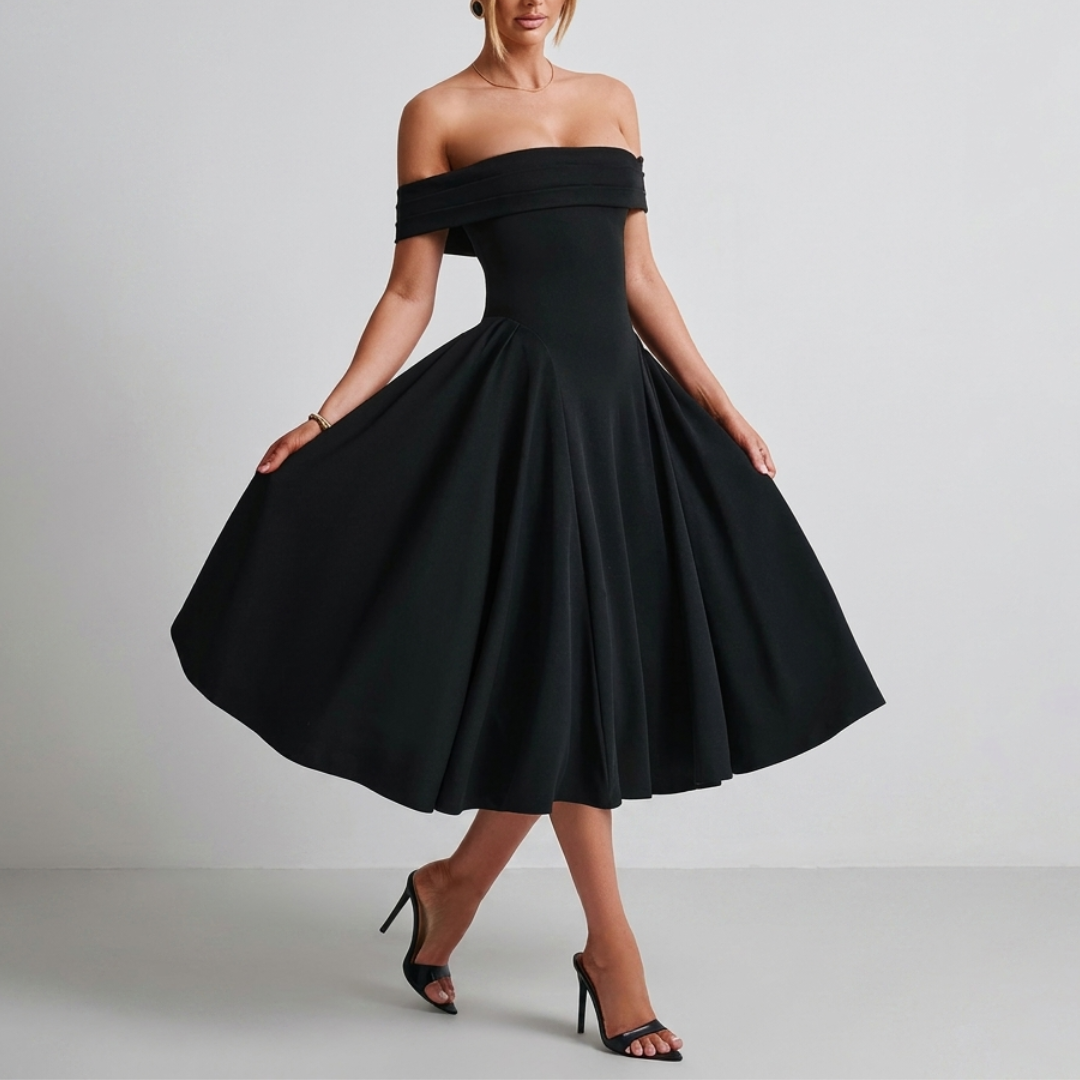 Midi dress with bare shoulders and a flared skirt for women
