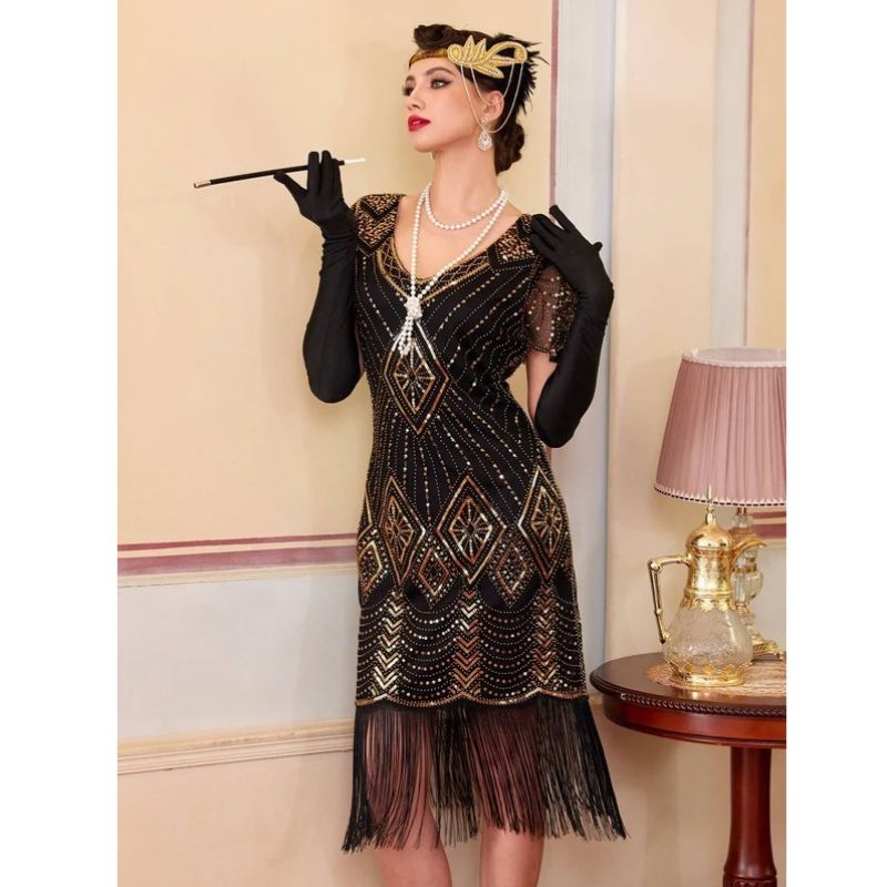 1920s Dress with Beading and Sheer Sleeves for Women