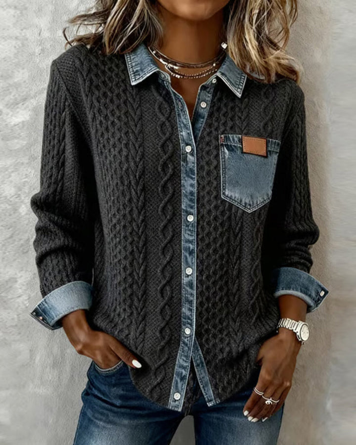 Long-sleeved shirt with denim patchwork