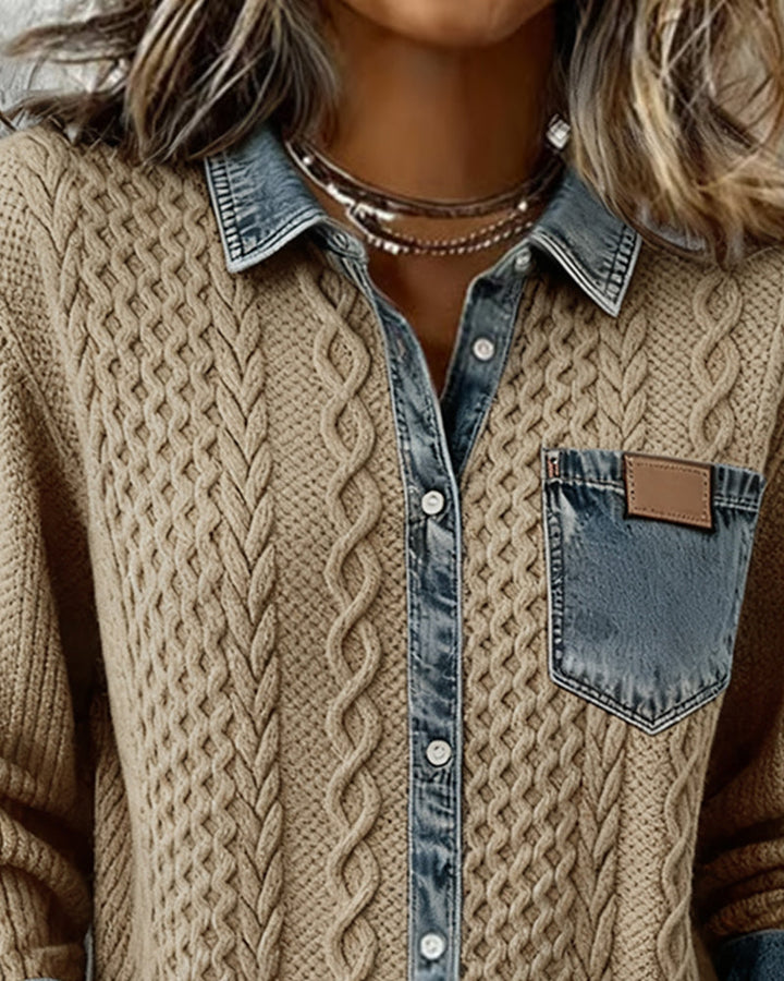 Long-sleeved shirt with denim patchwork