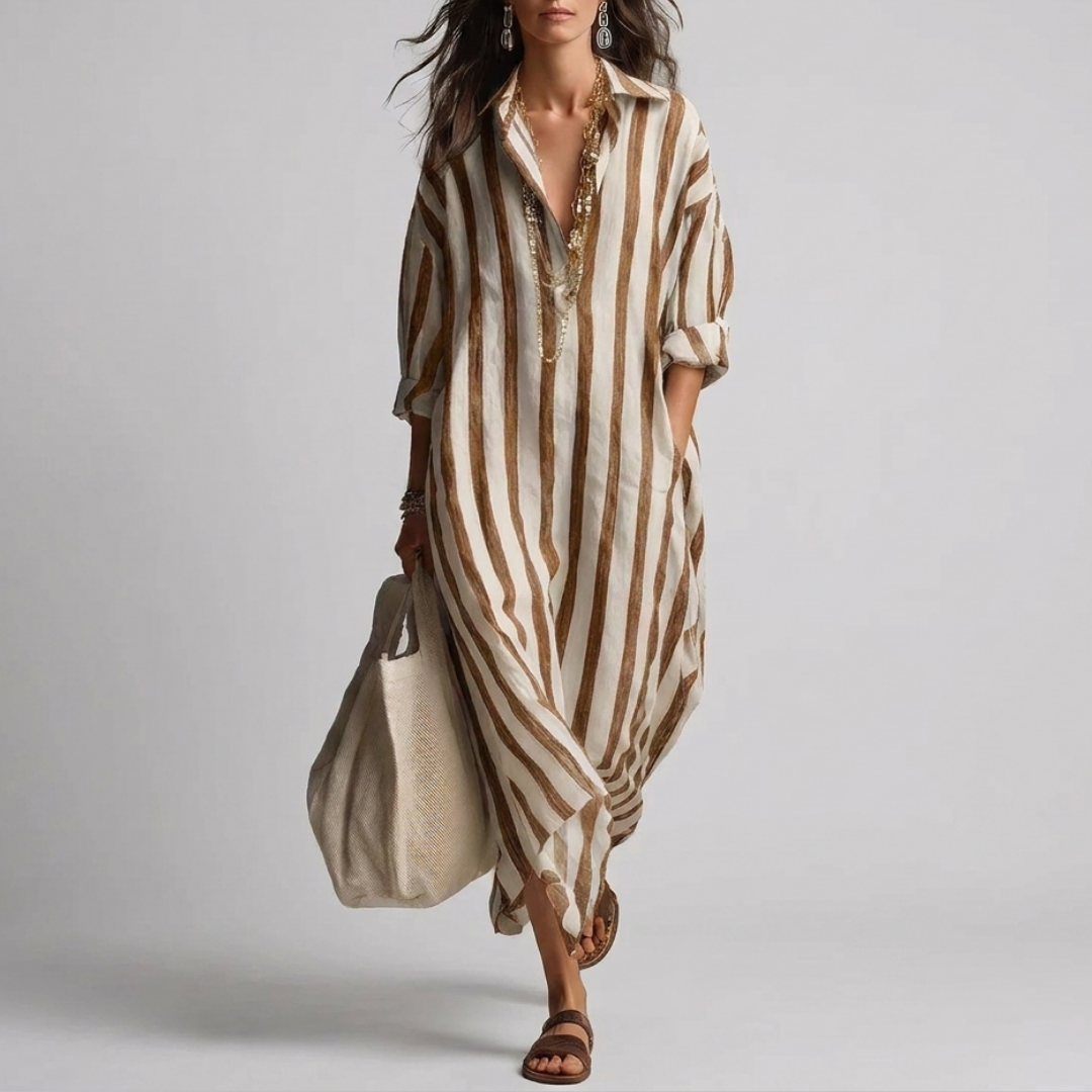 Relaxed striped linen maxi dress with a collar and long sleeves for women