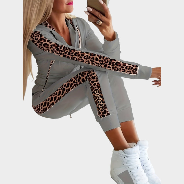 Dame-sæt i leopardprint med hætte, 2 dele
