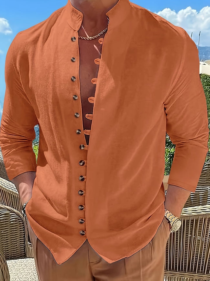 Retro Long-Sleeve Button-Up Shirt for Men