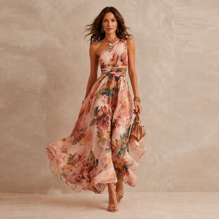 Celeste | Blomstret one-shoulder maxikjole til kvinder