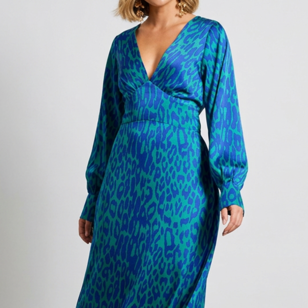 Satin midaxi dress with leopard print for women