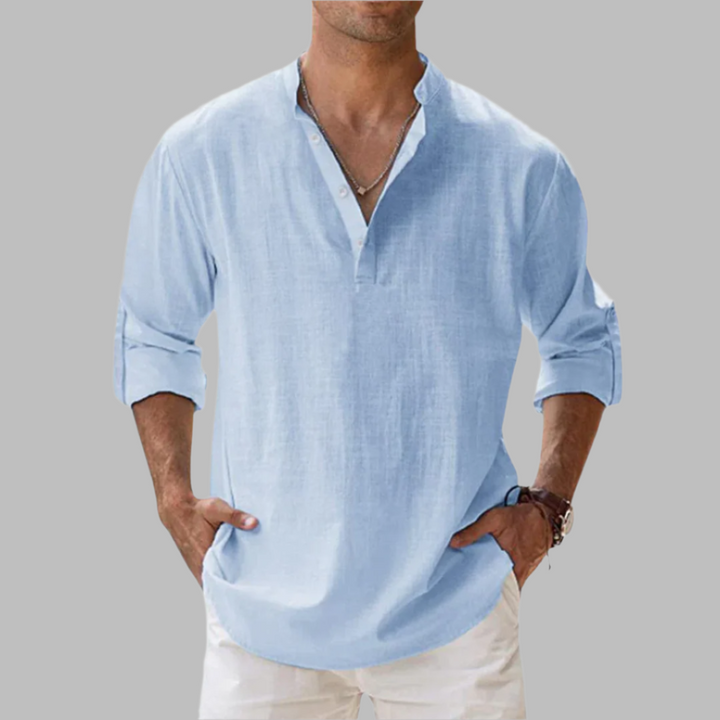 Casual Linen Shirt with Henley Collar