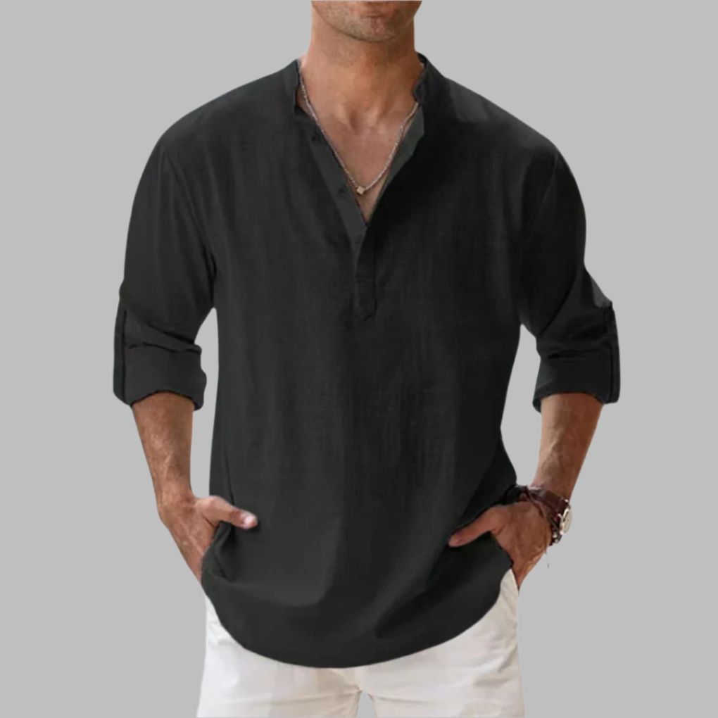 Casual Linen Shirt with Henley Collar