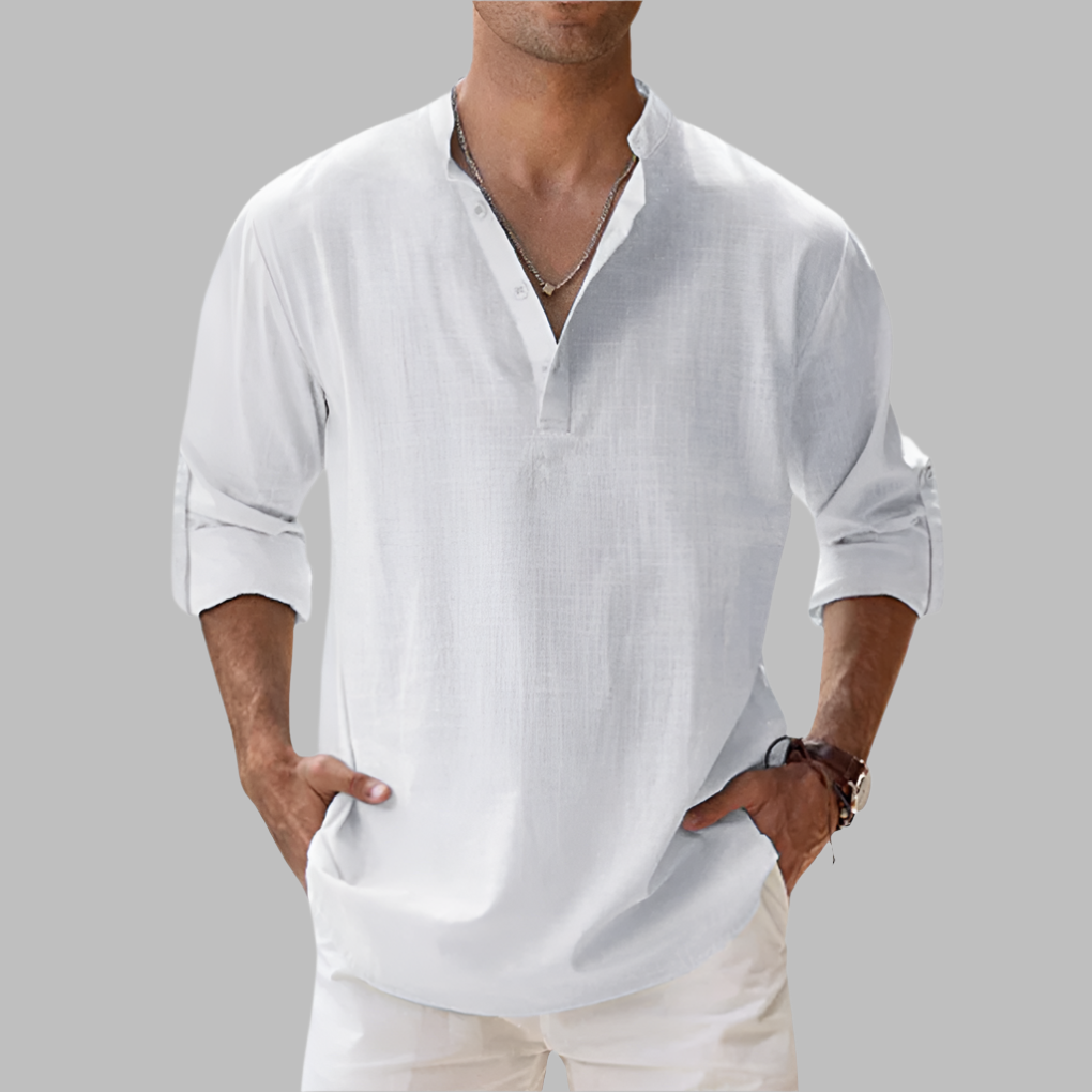 Casual Linen Shirt with Henley Collar