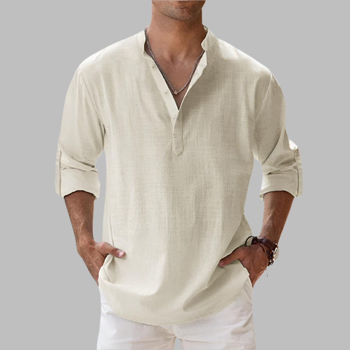 Casual Linen Shirt with Henley Collar