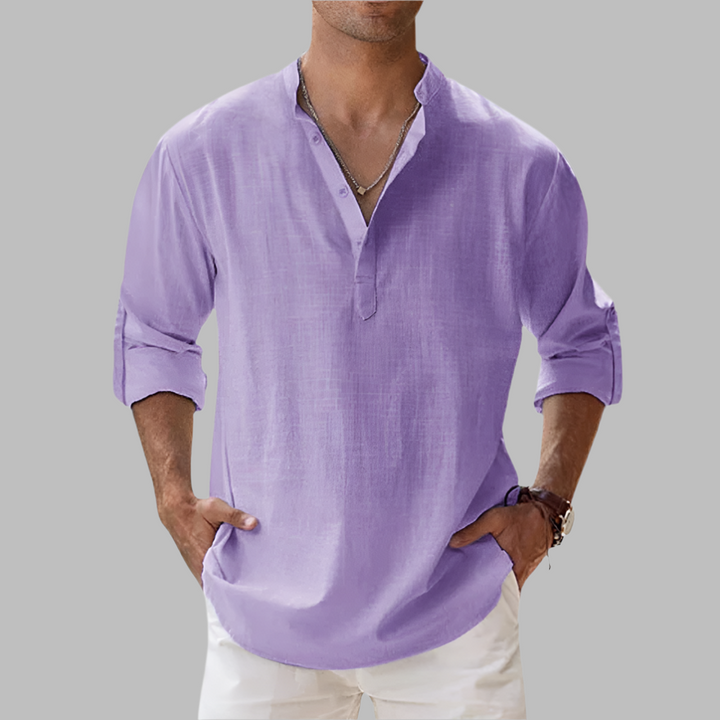 Casual Linen Shirt with Henley Collar
