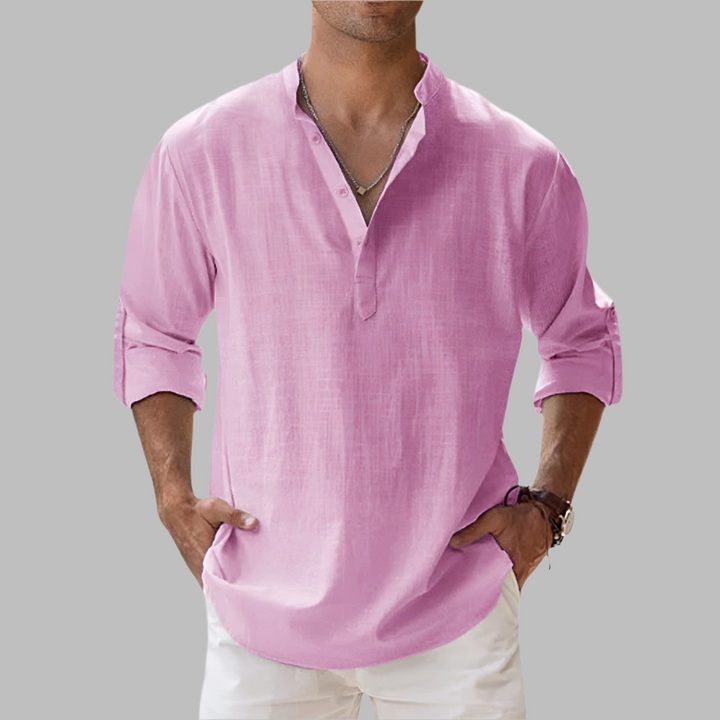 Casual Linen Shirt with Henley Collar