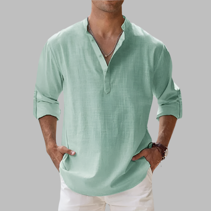 Casual Linen Shirt with Henley Collar