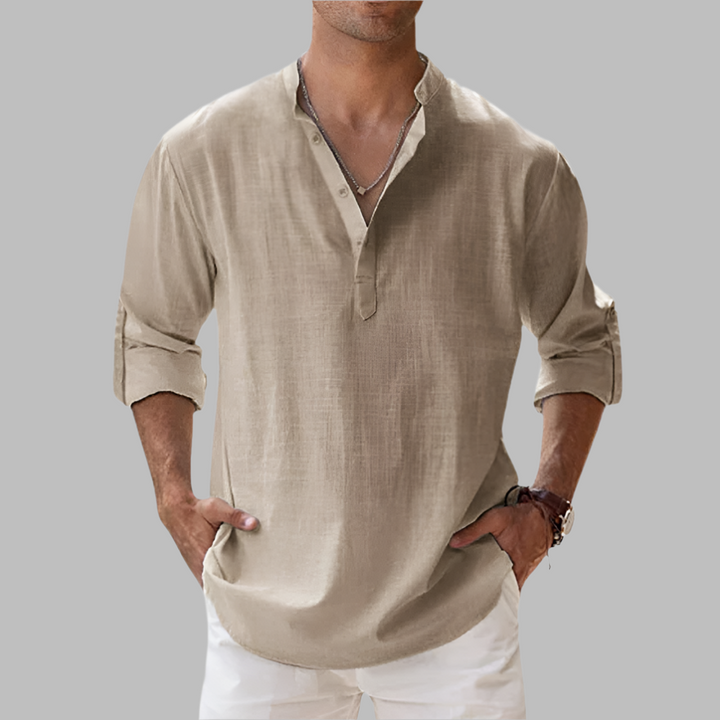 Casual Linen Shirt with Henley Collar