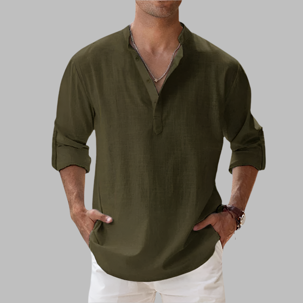 Casual Linen Shirt with Henley Collar