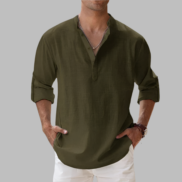 Casual Linen Shirt with Henley Collar