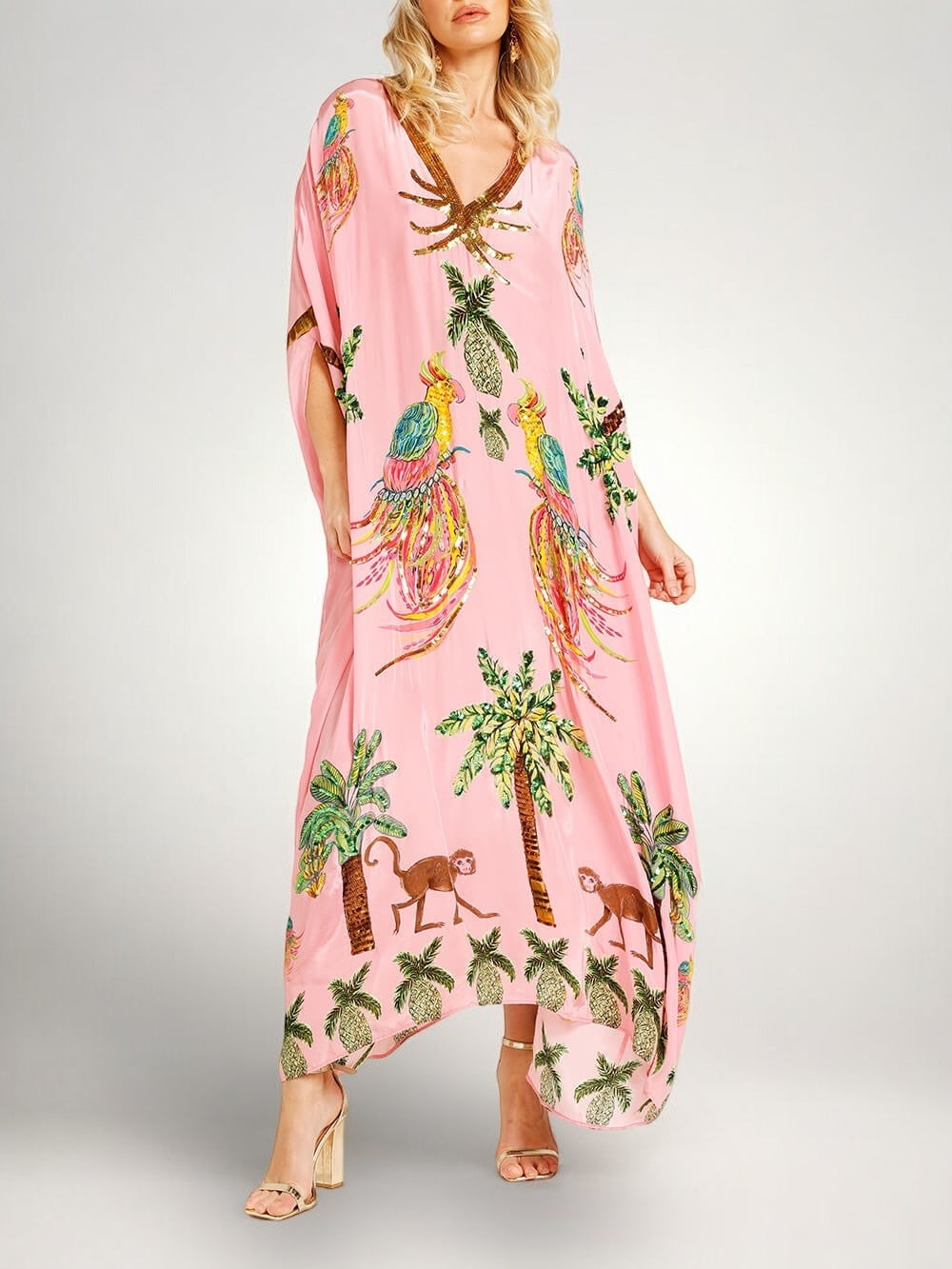 Løs dame-kjole med kokospalmeprint og drop shoulder
