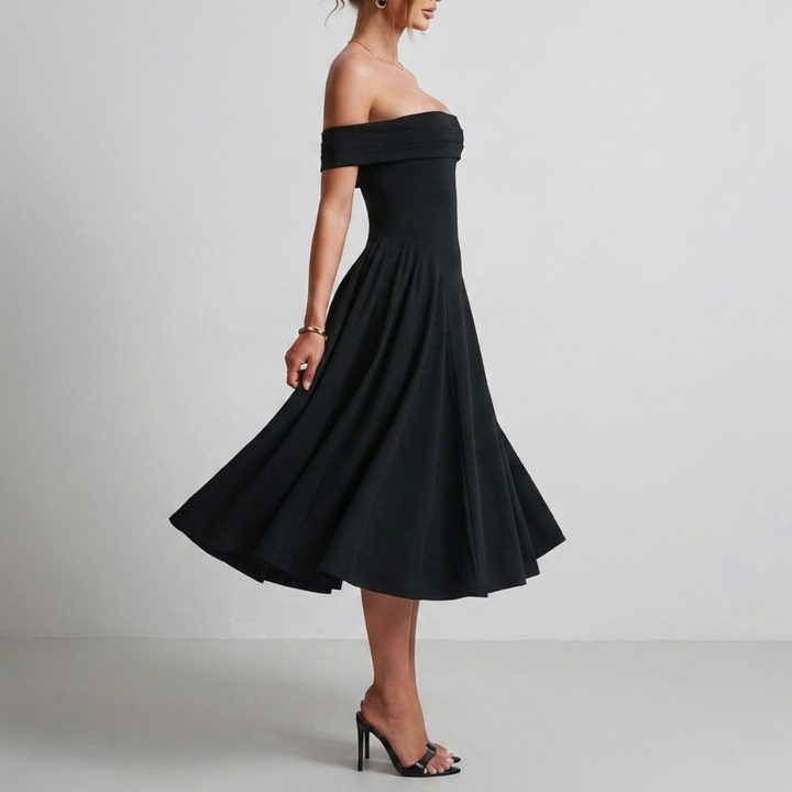Midi dress with bare shoulders and a flared skirt for women