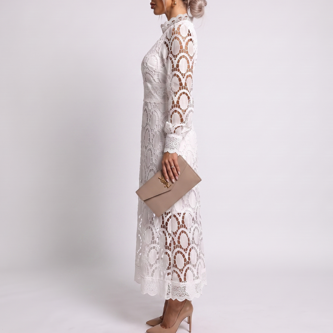 Women's summer lace dress with puff sleeves and a high neckline