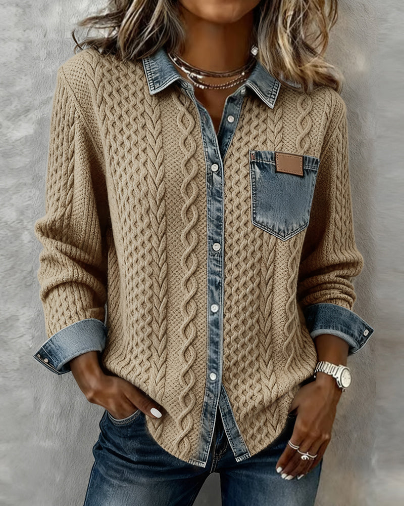 Long-sleeved shirt with denim patchwork