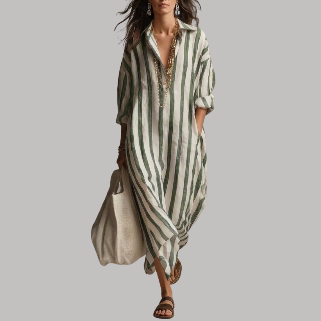 Relaxed striped linen maxi dress with a collar and long sleeves for women