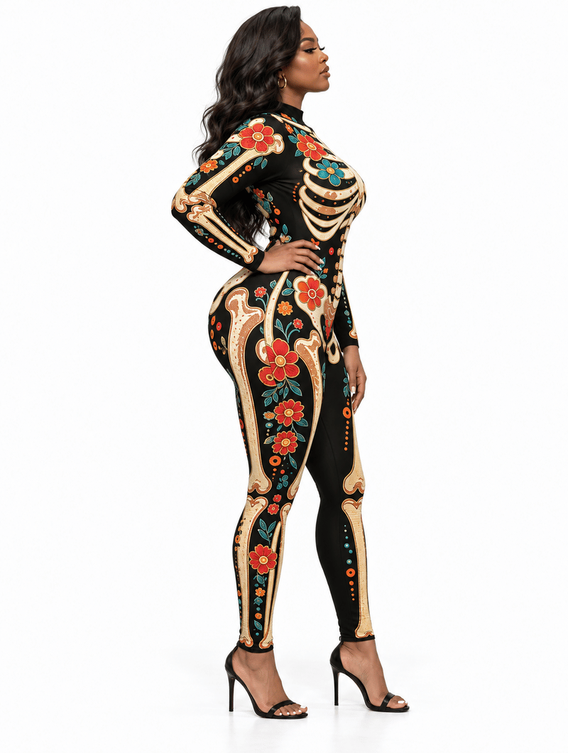 Fitted Jumpsuit with Floral and Skeleton Print for Women