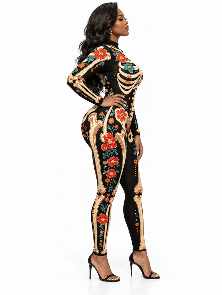 Fitted Jumpsuit with Floral and Skeleton Print for Women