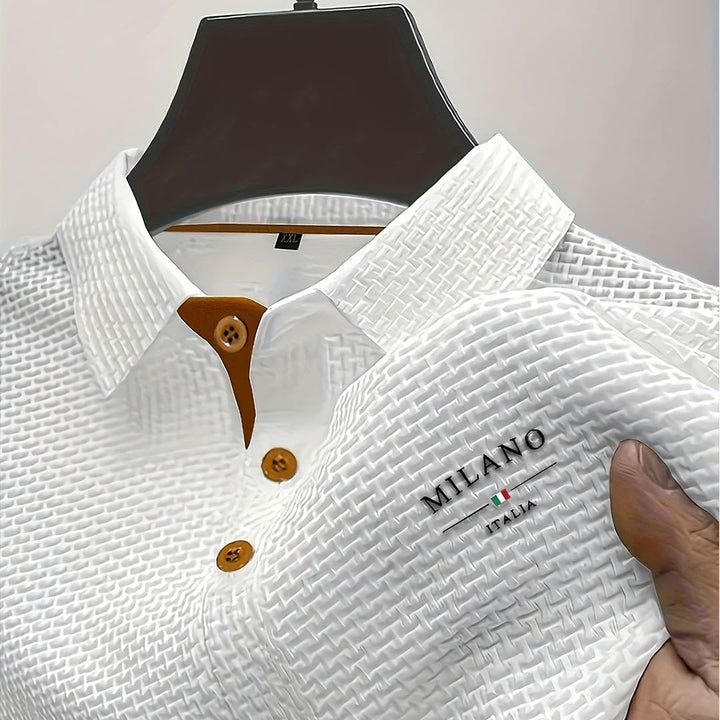 Herre-poloshirt i struktureret vævet stof med knaplukning
