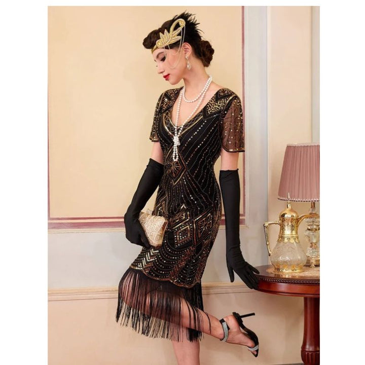 1920s Dress with Beading and Sheer Sleeves for Women
