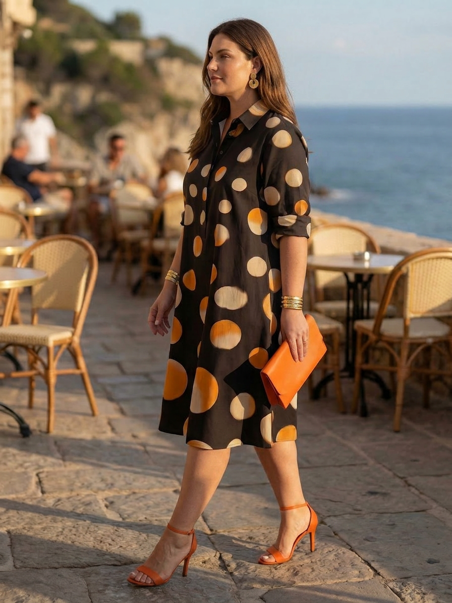 Knee-length polka-dot dress with collared neckline and side pockets for women
