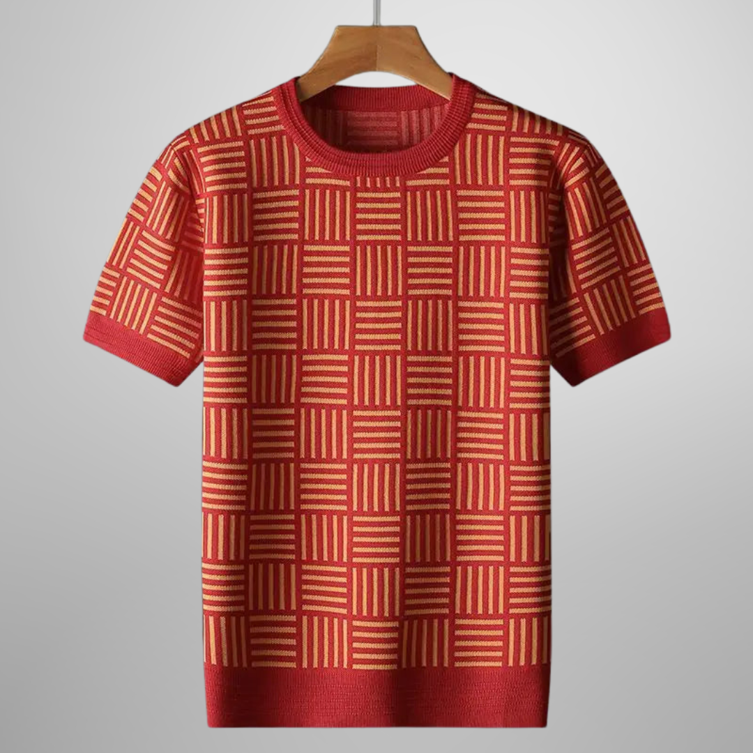 Women's Knitted Geometric Pattern T-Shirt with Crew Neck