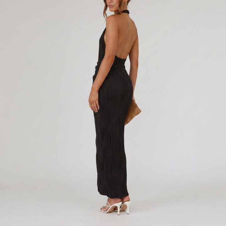 Pleated asymmetrical halter-neck dress for women