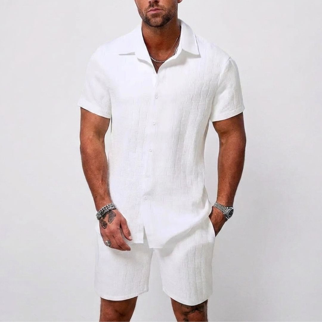 Two-piece jacquard set with a short-sleeved shirt and shorts for men