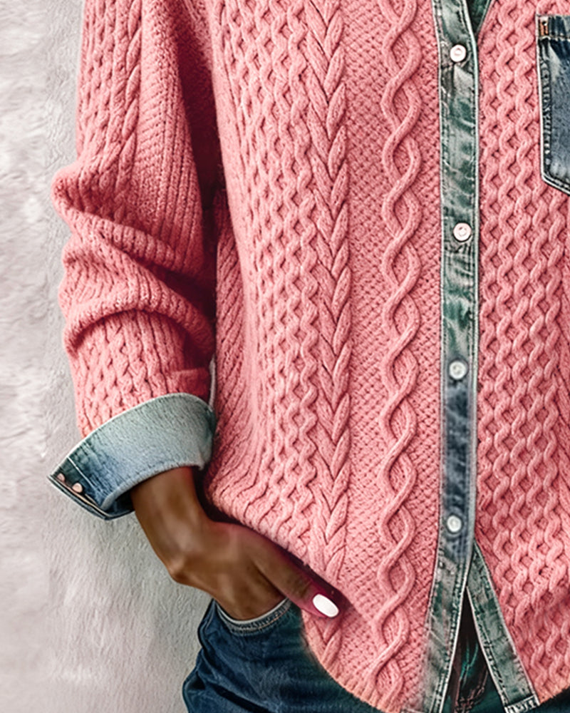 Long-sleeved shirt with denim patchwork