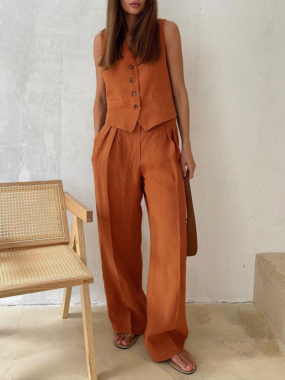 V-neck Pleated Top and Wide-Leg Pants Set for Women