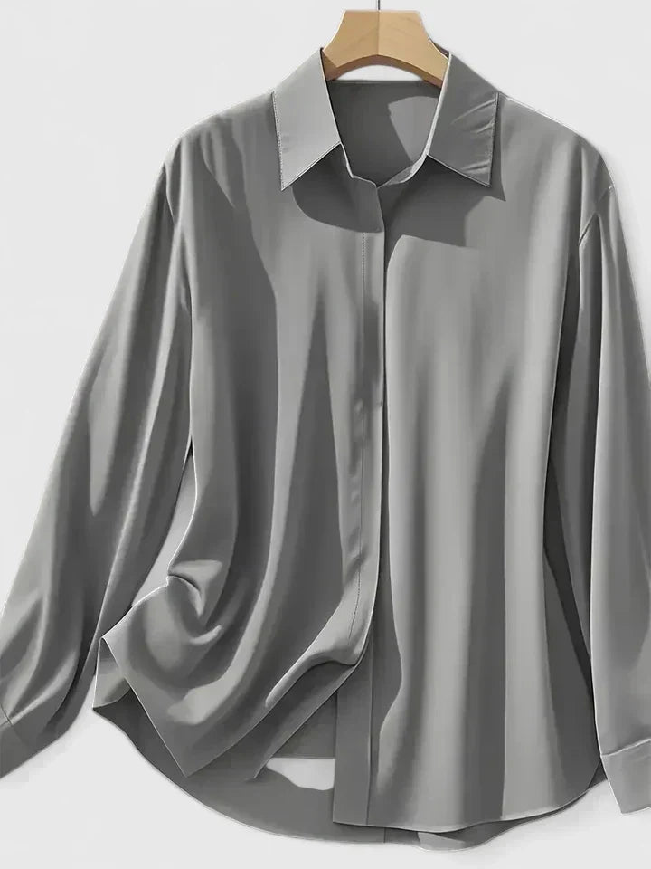 Long-Sleeved Shirt with Hidden Button Closure and Curved Hem for Women