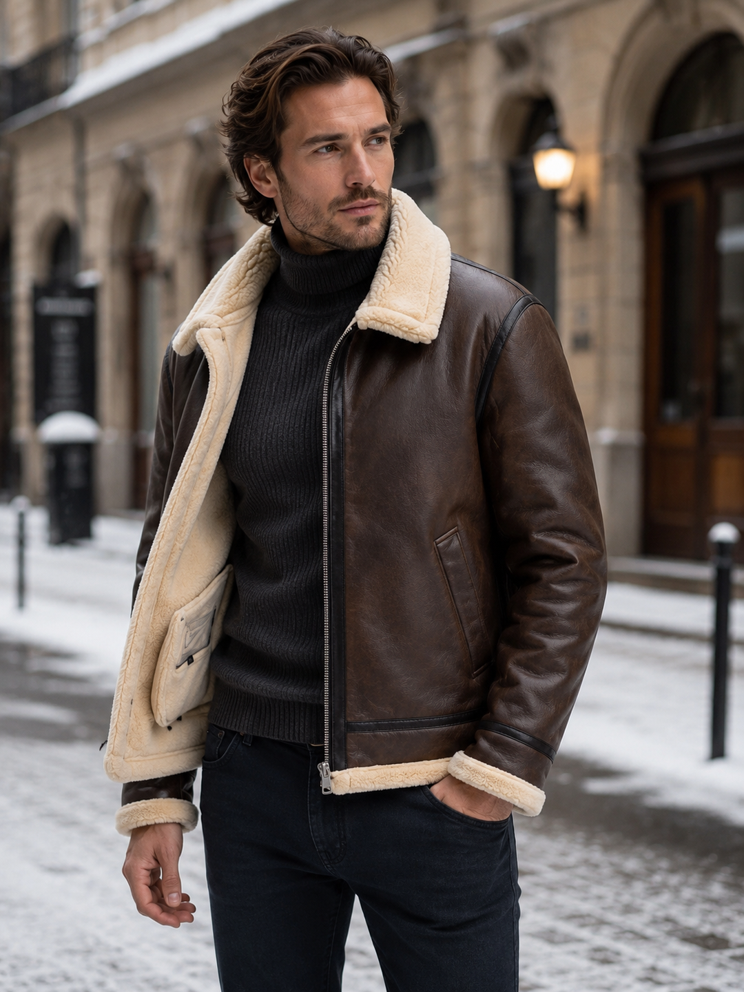 Classic Men's Aviator Jacket with Sheepskin Look