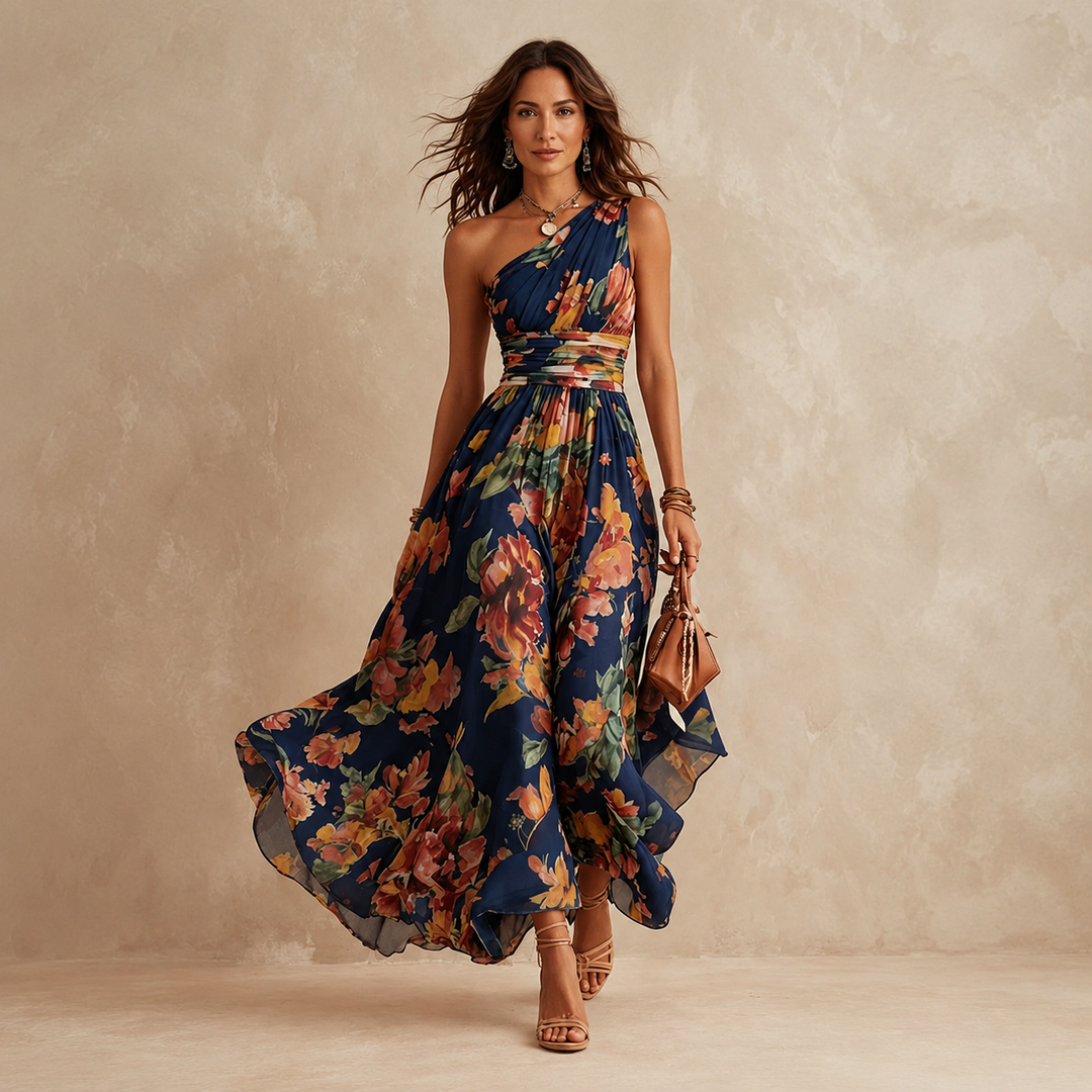 Celeste | Blomstret one-shoulder maxikjole til kvinder