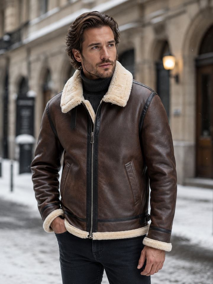 Classic Men's Aviator Jacket with Sheepskin Look