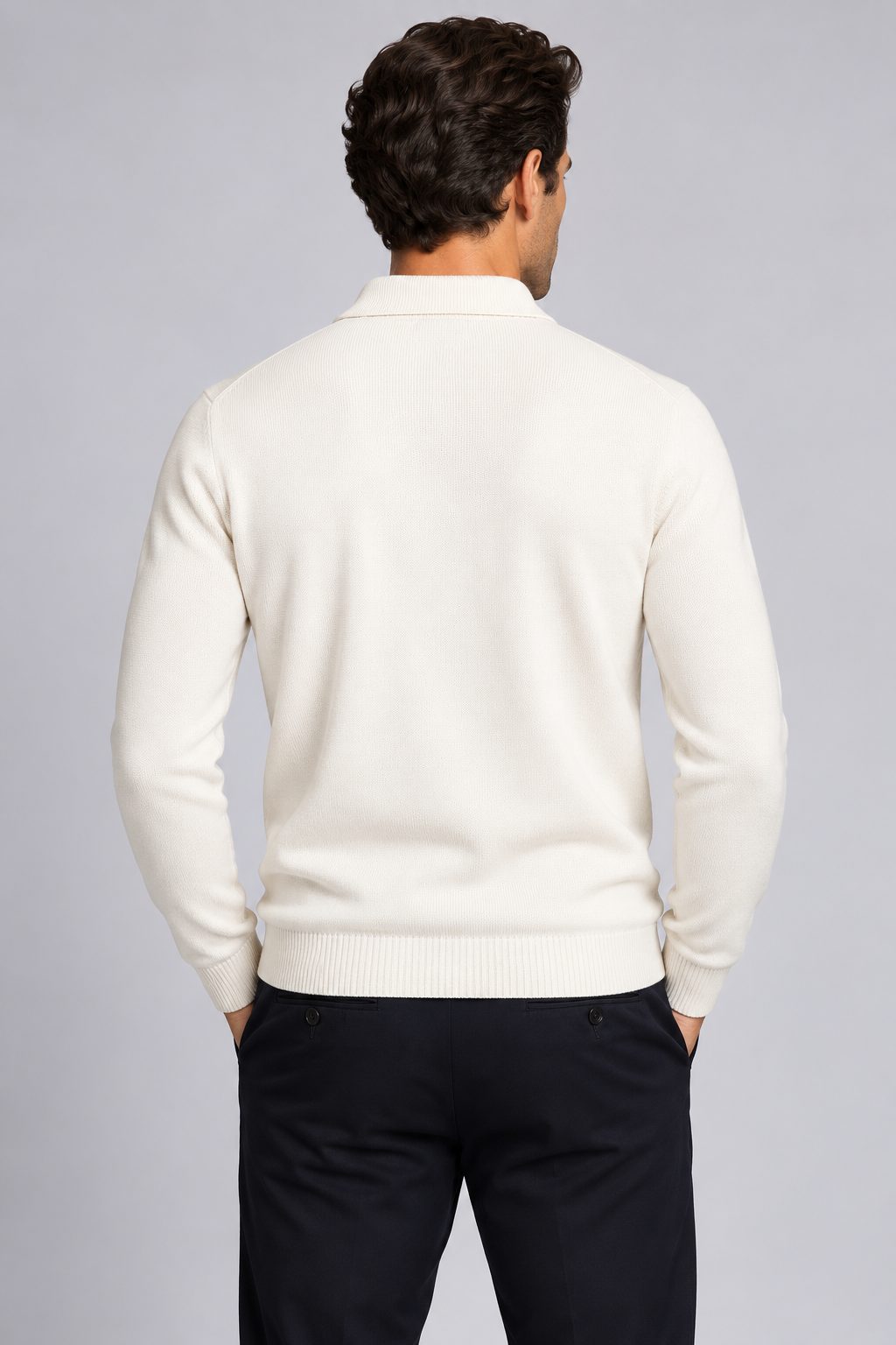 Herre polosweater i merinould og kashmir med jacquardstrik