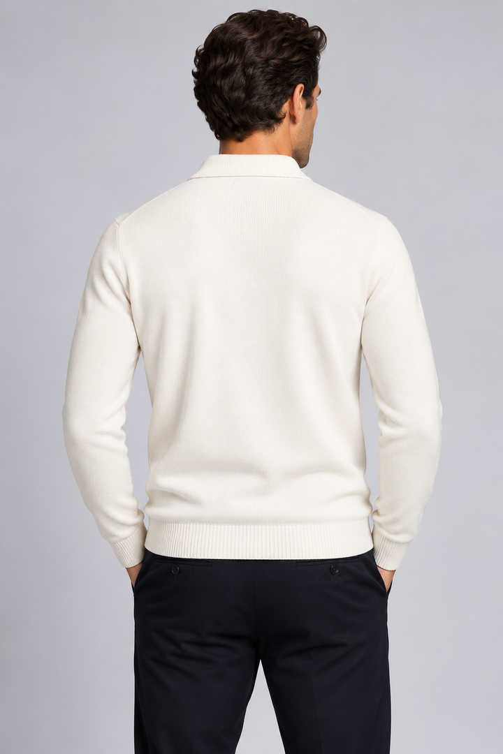 Herre polosweater i merinould og kashmir med jacquardstrik
