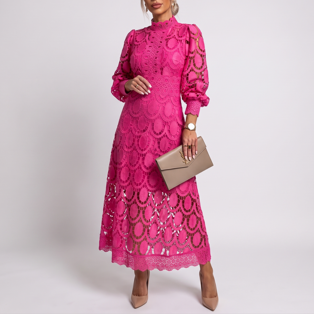 Women's summer lace dress with puff sleeves and a high neckline