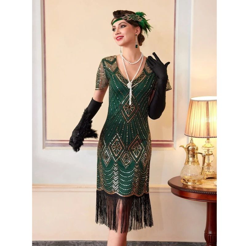 1920s Dress with Beading and Sheer Sleeves for Women