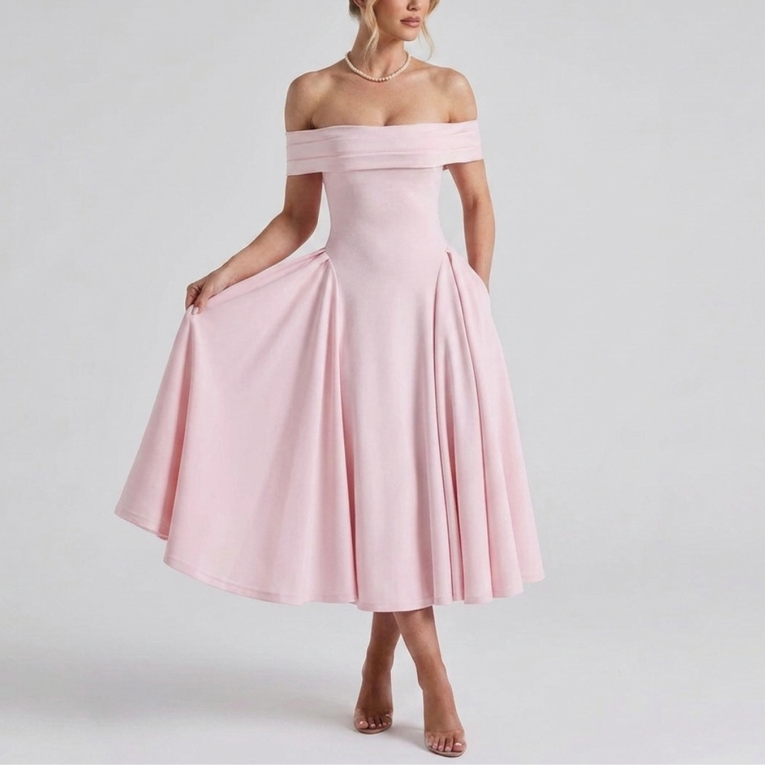 Midi dress with bare shoulders and a flared skirt for women